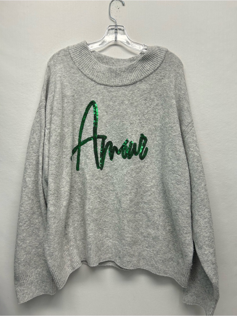 a new day Gray Sequin 'Amour' Crewneck Sweater with Green Script